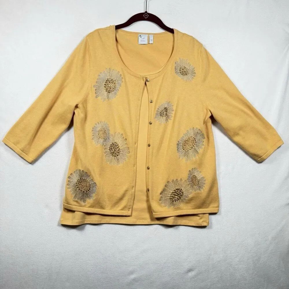 J Jill L Yellow Embellished Cardigan & Perfect Tank Set Floral 2 Pc Sweater